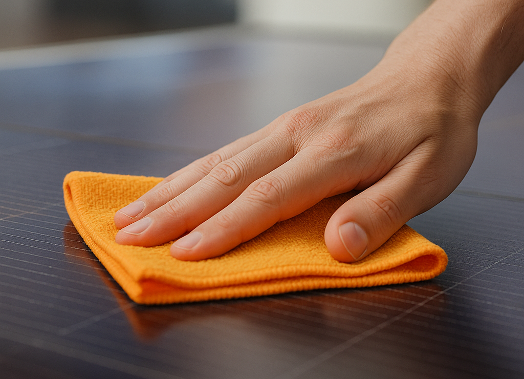 Hand die ein Solarmodul mit einem Lappen putzt